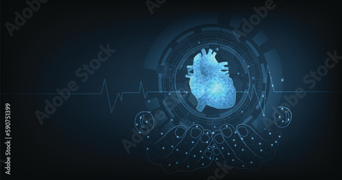 Concept of cardiology treatment technology. Heart shaped symbols, lines and triangles, network connection dots on blue background. vector illustration.	