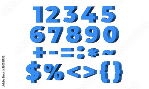 Blue 3D Numbers With Mathematical Signs and Symbols, Isolated on White Background. 3D Illustration