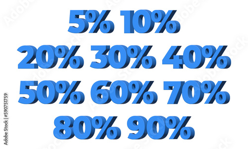 Set of Blue 3D Discount Numbers with Percentages. 3D Illustration, Isolated on White Background