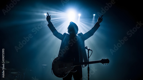 silhouette of rock star on stage with two arms in the air, holding a mic in left hand. Backlit by blue and white spot lights from behind