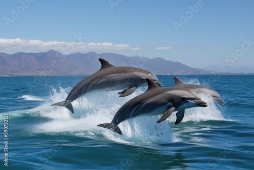 Beautiful bottlenose dolphins leaping from the ocean on a bright day in the sea with pure blue water, generative AI © Kien