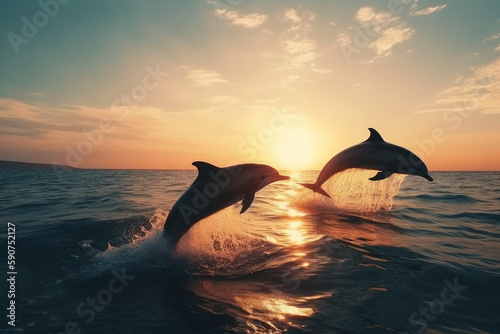 Photographie Beautiful bottlenose dolphins leaping from the ocean on a bright day in the sea