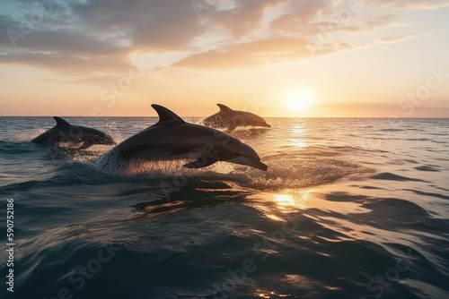 Valokuva Beautiful bottlenose dolphins leaping from the ocean on a bright day in the sea