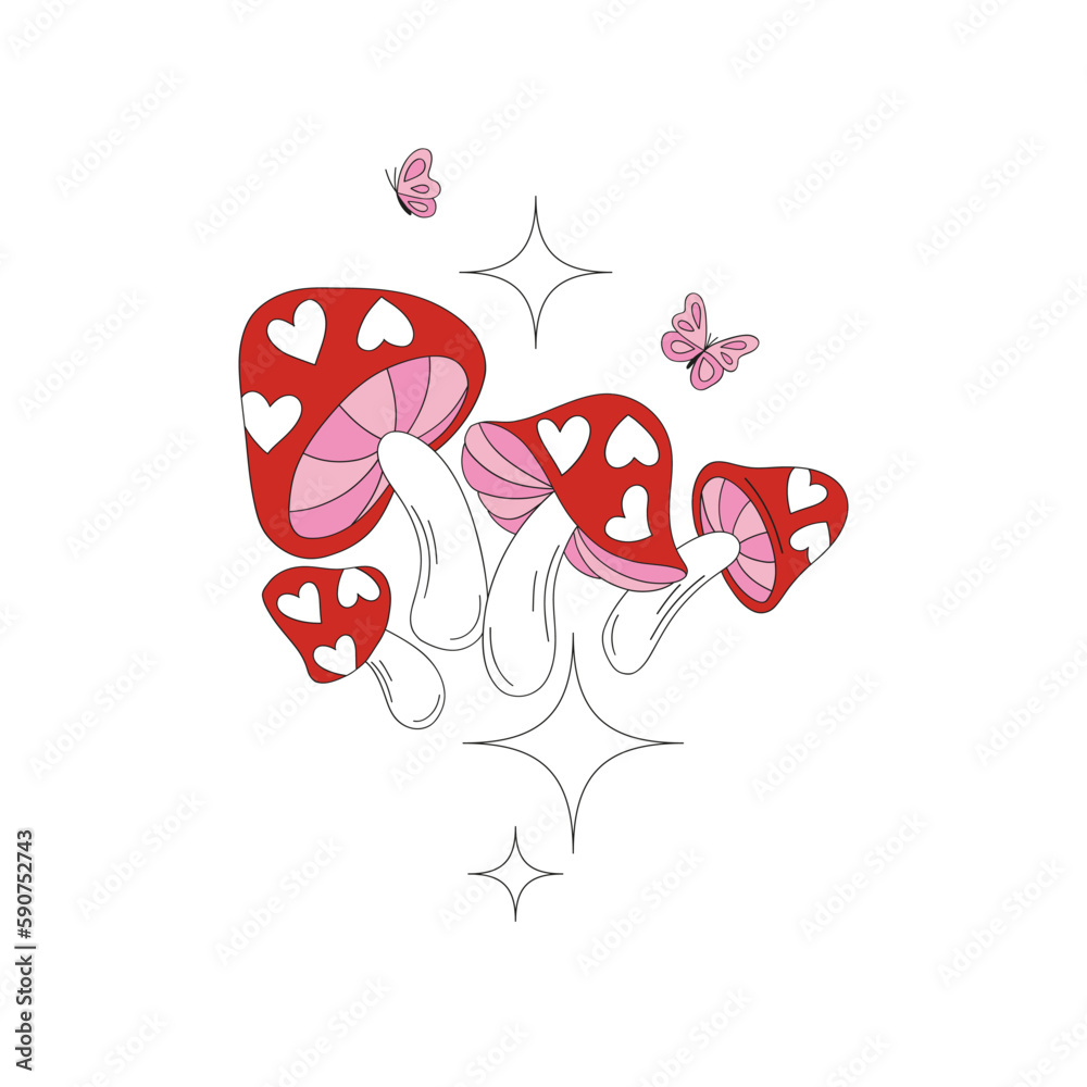 Groovy hippie fly agaric for Valentines Day design. Cute lovely mushrooms. Vector illustration isolated on white. Groovy hippie fly agaric for Valentines Day design. Cute lovely mushrooms. Vector illustration isolated on white.