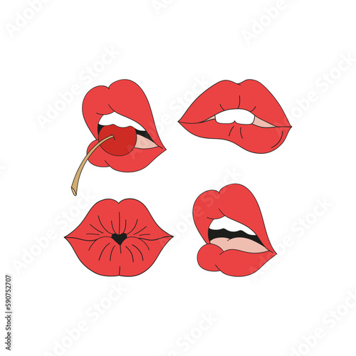 Woman mouth coquettish expressions vector clipart set isolated on white. Sassy girl power illustration collection. Classy red lips makeup fashion design element.