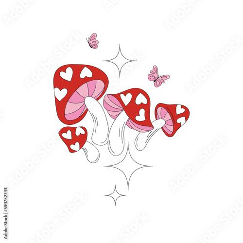 Groovy hippie fly agaric for Valentines Day design. Cute lovely mushrooms. Vector illustration isolated on white.