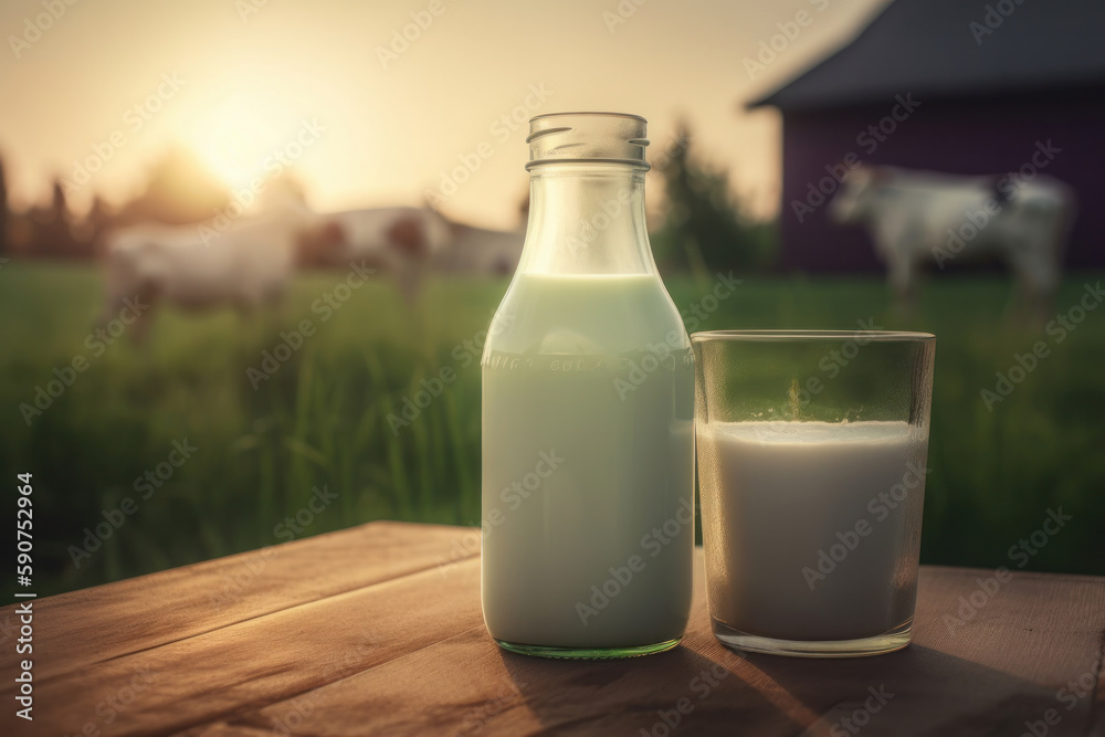 A sunny day on a dairy farm. Fresh milk in a glass jug on a wooden table. A cow grazes in the pasture nearby. Organic and natural. Is AI Generative. A sunny day on a dairy farm. Fresh milk in a glass jug on a wooden table. A cow grazes in the pasture nearby. Organic and natural. Is AI Generative.