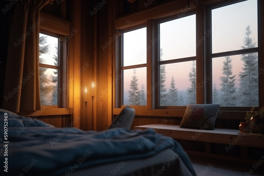 Morning View from Modern Wooden Cabin Hotel Room Overlooking Forested Mountains Morning View from Modern Wooden Cabin Hotel Room Overlooking Forested Mountains