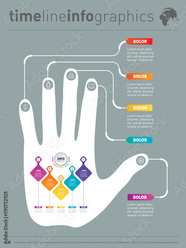 Report with human hand and icons set. Vector infographic of technology or education process. Web Template. Business presentation concept with five options.