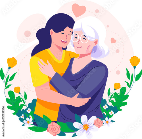 Happy adult daughter hugging her old mother with love. Mother and daughter. A young daughter and an old mother embrace each other. Happy Mother's Day Illustration