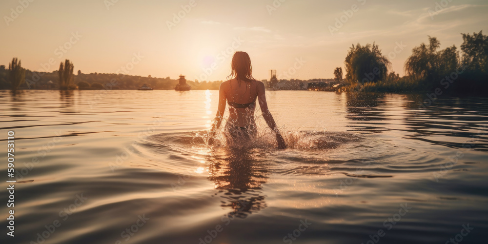 silhouette of a person stay behind in lake on the beach at sunset, holiday, summer, vacation, generative ai silhouette of a person stay behind in lake on the beach at sunset, holiday, summer, vacation, generative ai