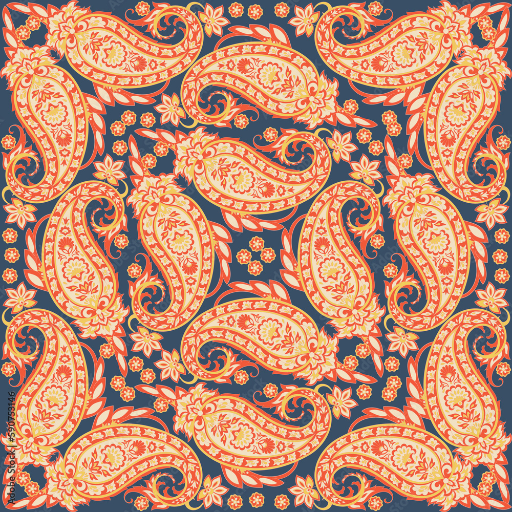 Floral seamless pattern with paisley ornament. illustration in asian textile style