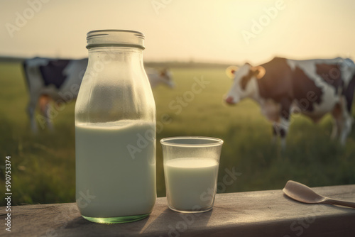 A milky morning on a dairy farm. A glass jug of milk and a jar of cream on a wooden table. A cow with a full udder stands in the pasture. Is AI Generative.