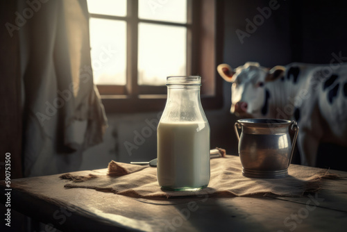 A healthy and fresh drink. A glass bottle of milk on a wooden table. Domesticated cattle graze in the lush pasture. A beautiful summer day on a farm. Is AI Generative.