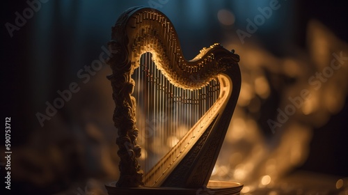 Fotografia, Obraz a golden harp sitting on top of a wooden table next to a fire place with a curtain in the back of the room behind it