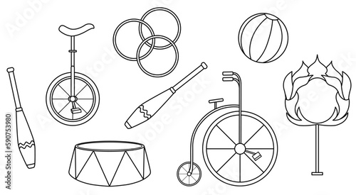 vector illustration set of circus equipment, accessories for circus, for circus performance, doodle and sketch