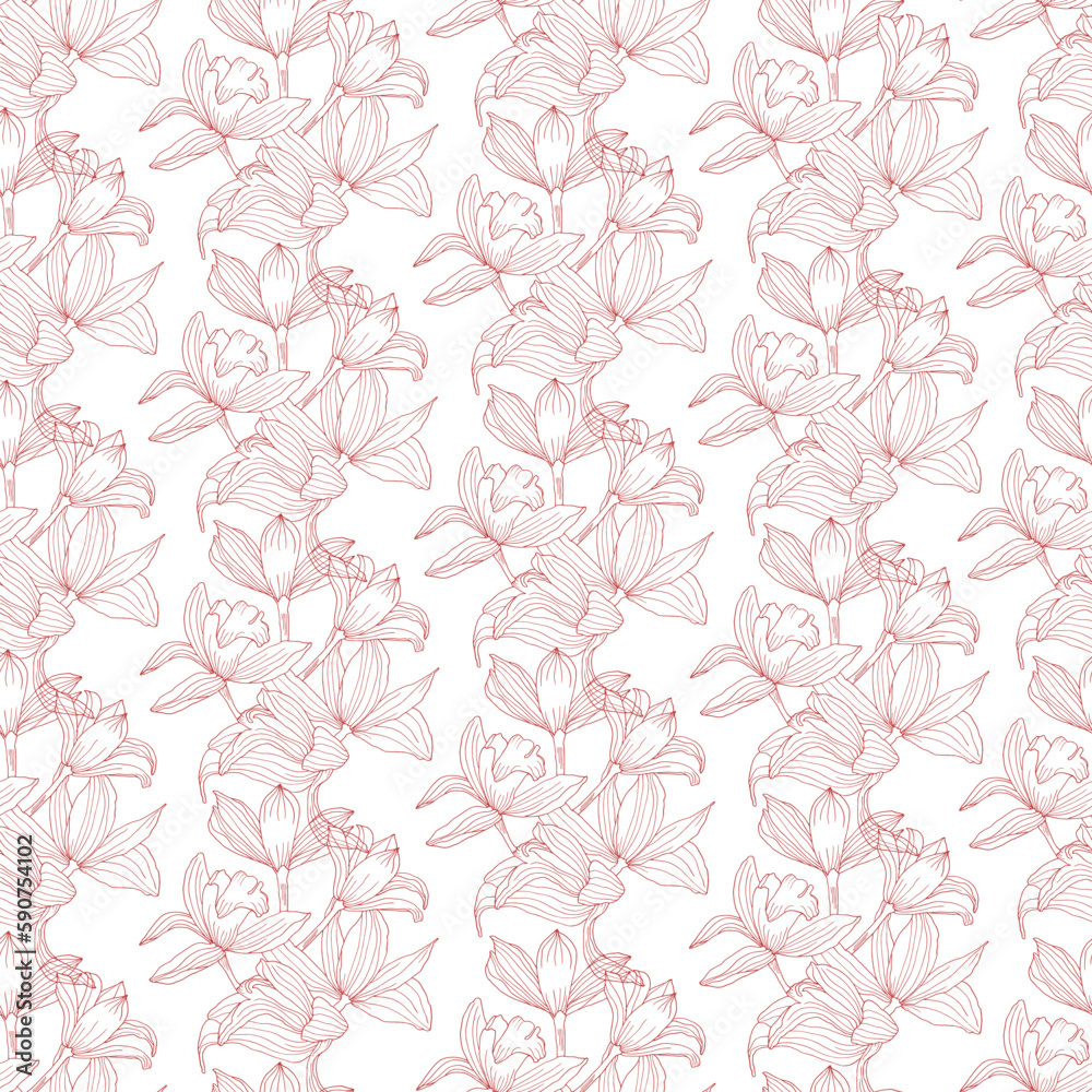 Orchid branch. Transparent illustration of red flowers. Seamless pattern with orchid twigs.