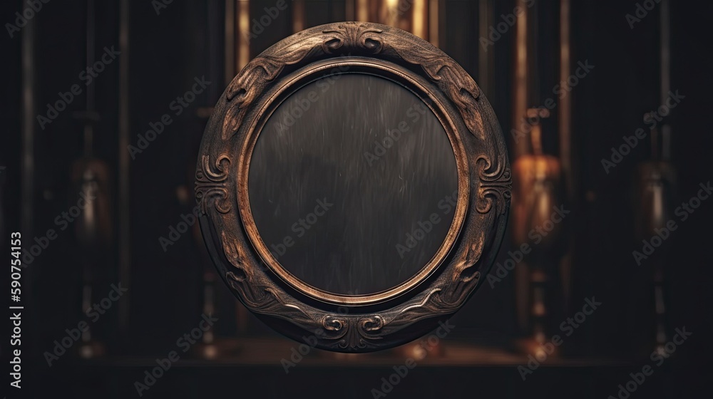 Antique wooden picture frame on a gray abstract background with circular shapes created with generative AI technology Antique wooden picture frame on a gray abstract background with circular shapes created with generative AI technology