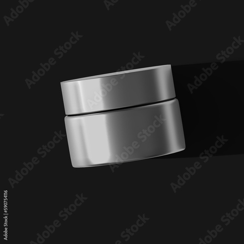 Silver Cosmetic Jar mockup Top View with long shadow Isolated Black Background