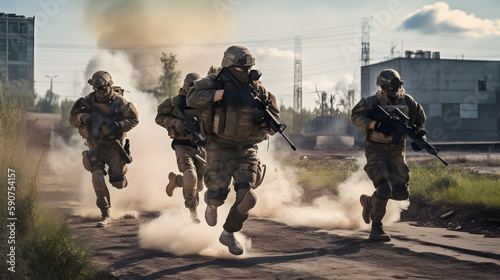 Three soldiers with guns running, tactical squad, rushing towards the battlefield, city ruins, farm in the background. Soldier Uniform, Bulletproof Vest, Motion.