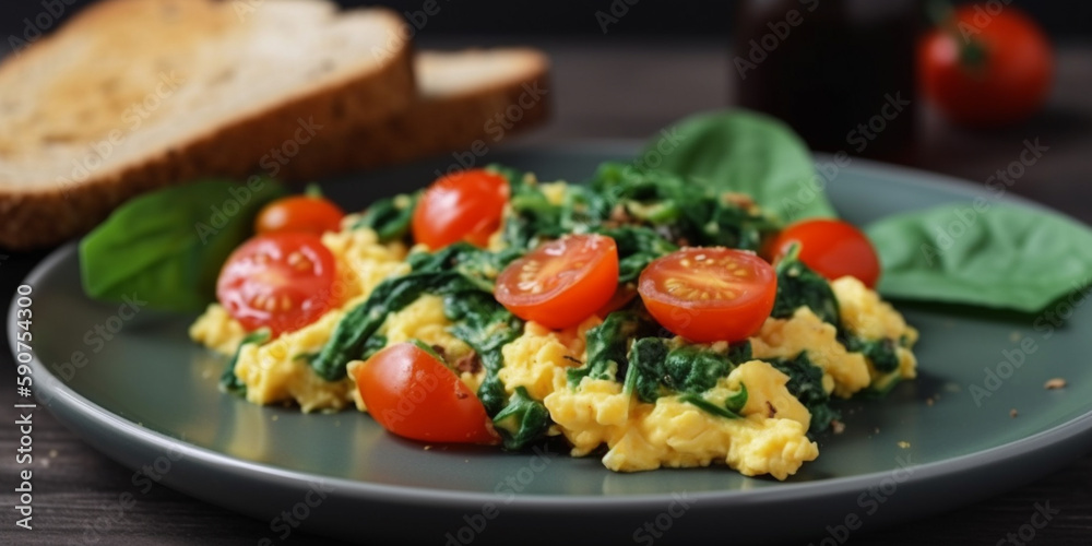 Savory spinach scrambled eggs on a dark plate Savory spinach scrambled eggs on a dark plate