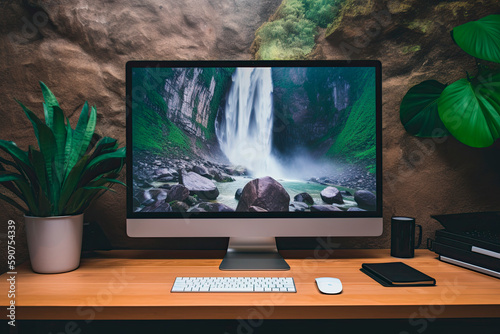 iMac desk setup with nature, Generative AI
