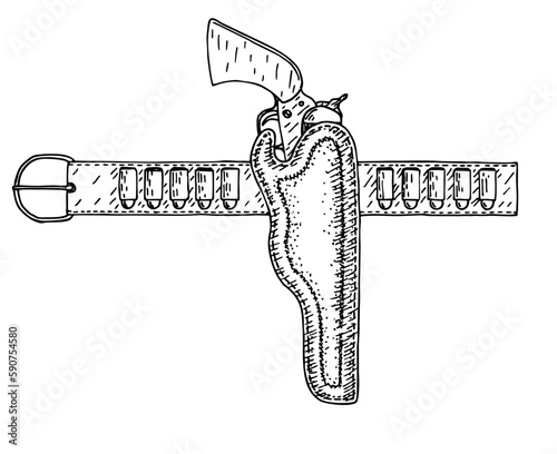 Vector sketch illustration on a white background with a cowboy gun in the holster with bullets. Belt ammunition vector icon. Revolver, a belt holster and ammunition