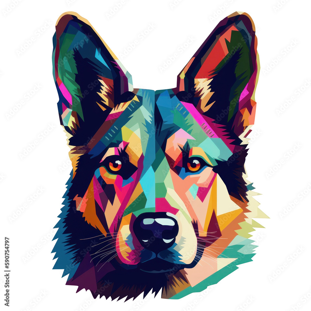 Bright multicolor polygonal muzzle of a dog, on transparent background, element for design, AI generative