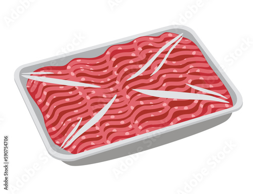 Fresh beef or pork red mince in vacuum plastic packaging. Mince meat packaging on the container. Cartoon raw chopped meat. Flat vector illustration isolated on a white background