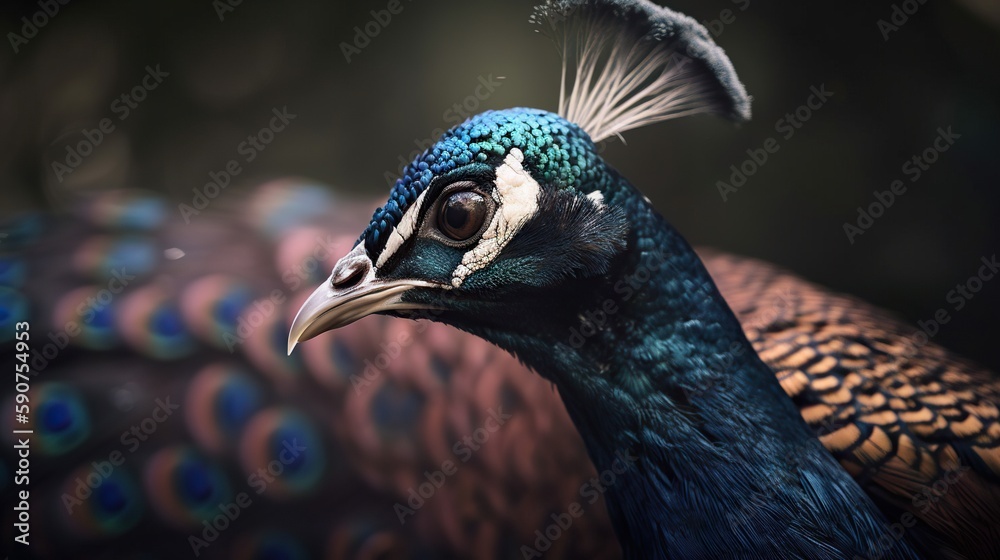 Close up photo of Peacock bird on forest background. Generative AI Close up photo of Peacock bird on forest background. Generative AI