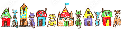 Border or banner with funny colorful tabby cat set and houses. Cute cartoon background. Crayon child`s hand drawn kitten. Pastel chalk or pencil kids art stroke header banner. Vector doodle simple pet