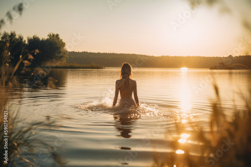 woman in lake on the beach at sunset, holiday, summer, vacation, generative ai