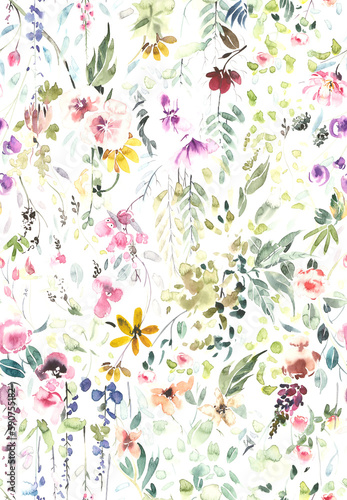 Hand painted watercolor allover seamless flowers and plants print