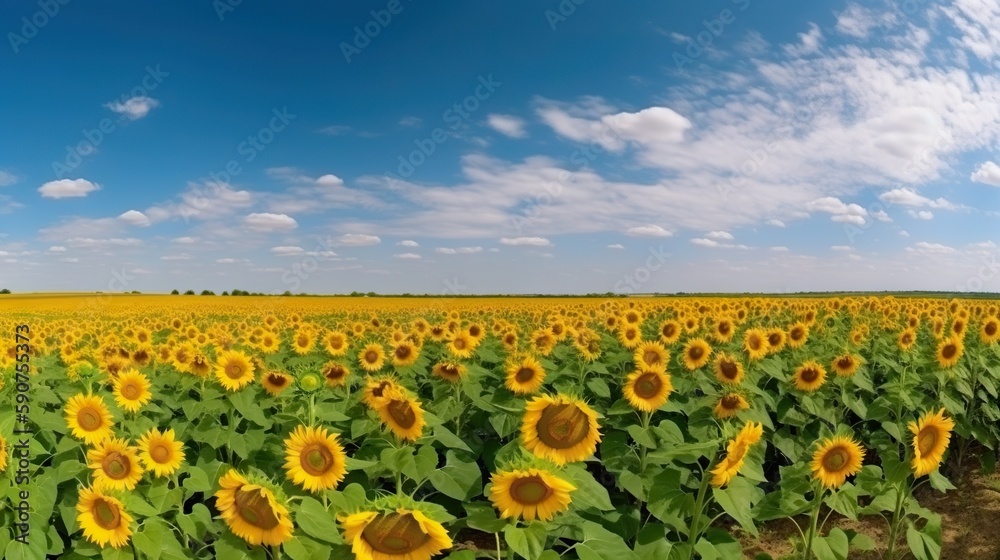Obraz premium Panoramic field of sunflowers with blue sky on sunny day. Generative AI