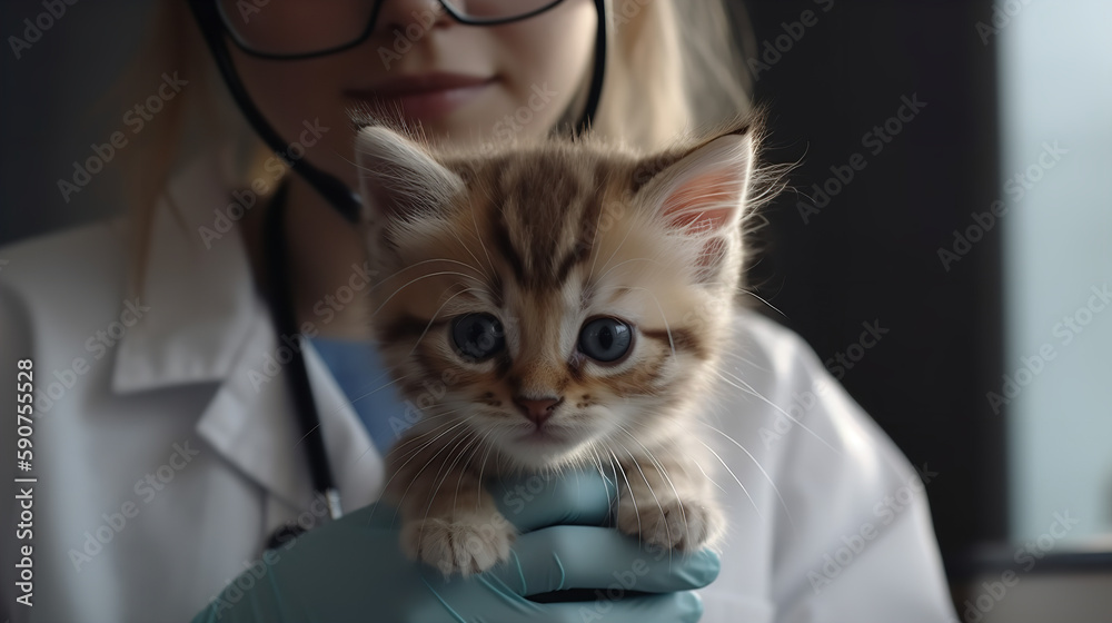 A veterinarian in a medical mask and glasses holds a small kitten against the background of a veterinary clinic