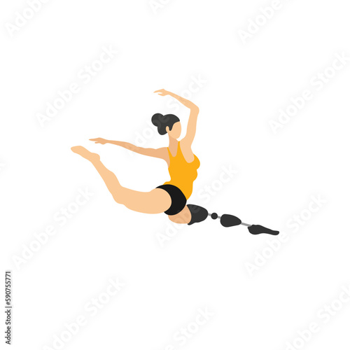 Girl gymnast athlete dancer performs an acrobatic exercise. The woman is disabled with a mechanical prosthesis. Girl performs a jump.  Paralympic games. Vector eps 10