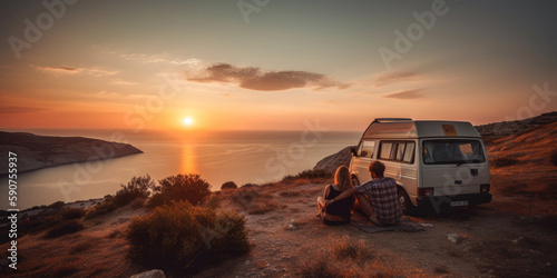 couple camper van sunset on the beach, holiday, free, generative ai