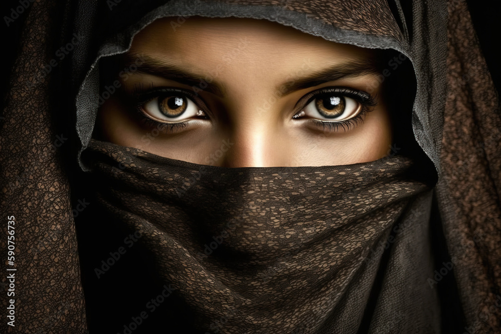 Close-up portrait of young Arab muslim woman with beautiful eyes in hijab, looking at camera. AI Generative
