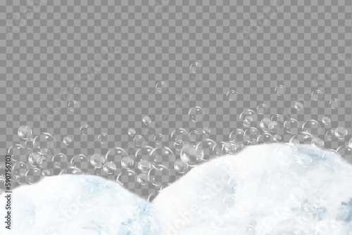 Shampoo bubbles texture.Bath foam isolated on transparent background.Sparkling shampoo and bath lather vector illustration.