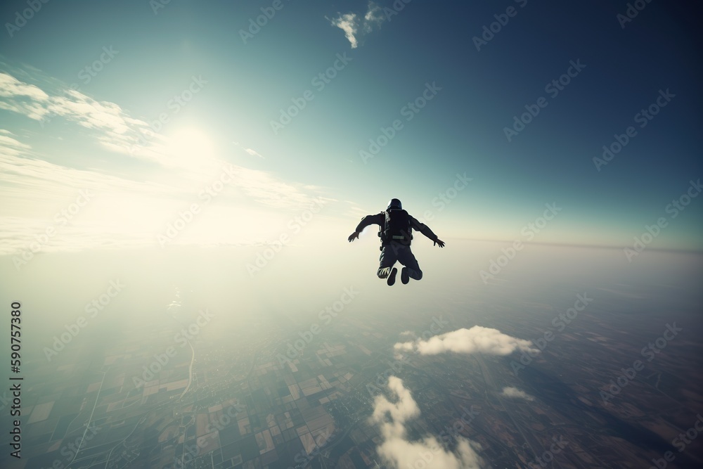A skydiver flies in the sunny sky. Extreme jump. Generative AI