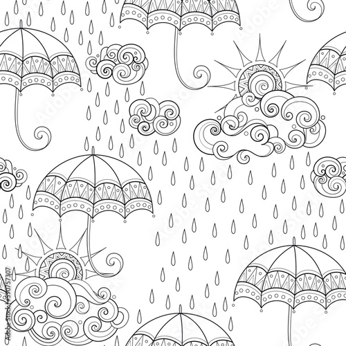 Fairytale Weather Forecast Seamless Pattern. Endless Texture with Rainy Day, Clouds and Umbrellas. Fantasy Cartoon Design. Vector Contour Illustration. Coloring Book Page