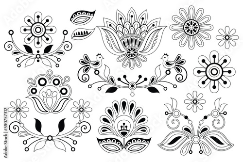 Set of Flowers Inspired by Ukrainian Traditional Embroidery. Ethnic Floral Motif, Handmade Craft Art. Single Design Elements. Coloring Book Page. Vector Contour Illustration