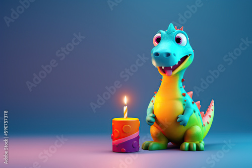 Fototapeta Naklejka Na Ścianę i Meble -  Cute little dinosaur blowing out candles on his birthday cake, 3D cartoon, Generative Ai