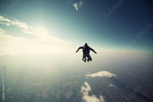 A skydiver flies in the sunny sky. Extreme jump. Generative AI