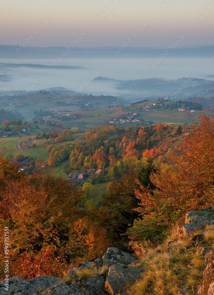 Autumn landscape with village, Hrinova near Detva, region Podpolanie, Slovakia. Discover the beauty of autumn nature