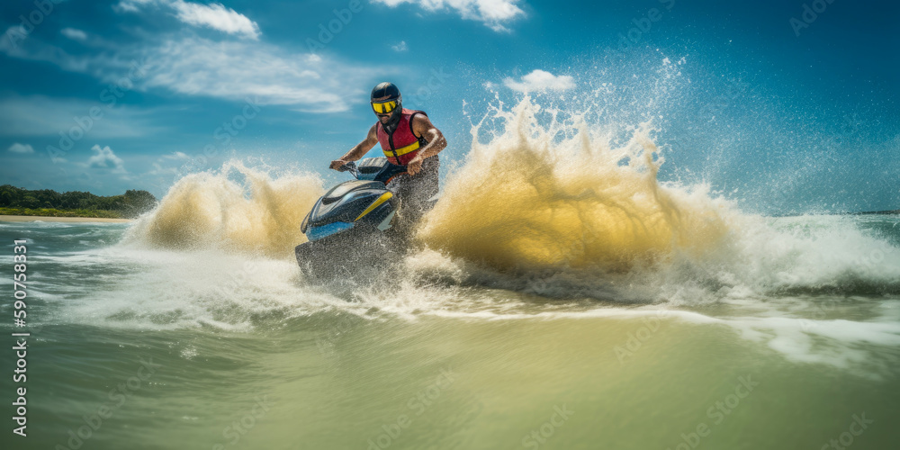 man riding a jet ski, water extreme sports, vacation, one the sea, summer and leisure, high speed, generated ai