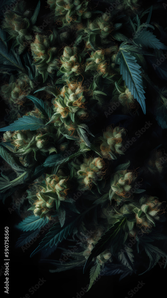 Cannabis buds on a black background. Indoor cultivation.