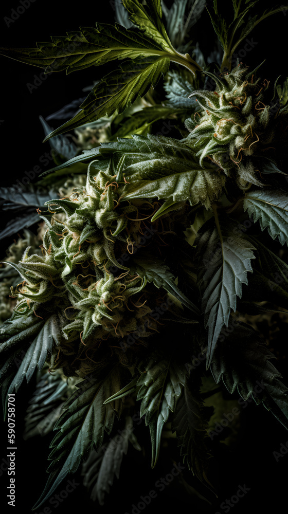 Cannabis flowers on a dark background. Blooming medical cannabis.