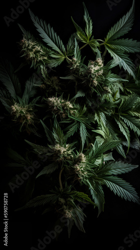 Cannabis flower buds isolated on black background. Macro shot.