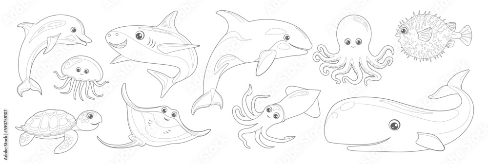 Coloring page of cartoon ocean fish and animals. Vector illustration of stingray, hedgehog fish, squid, octopus, killer whale, jellyfish, turtle, dolphin, shark. Outline coloring book for children. Coloring page of cartoon ocean fish and animals. Vector illustration of stingray, hedgehog fish, squid, octopus, killer whale, jellyfish, turtle, dolphin, shark. Outline coloring book for children.